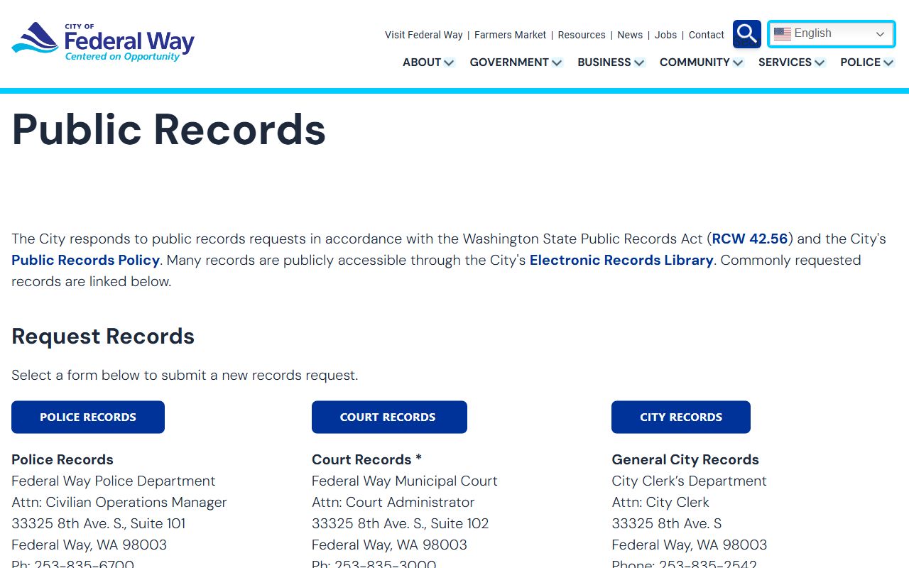 Federal Way Public Records page booking reports
