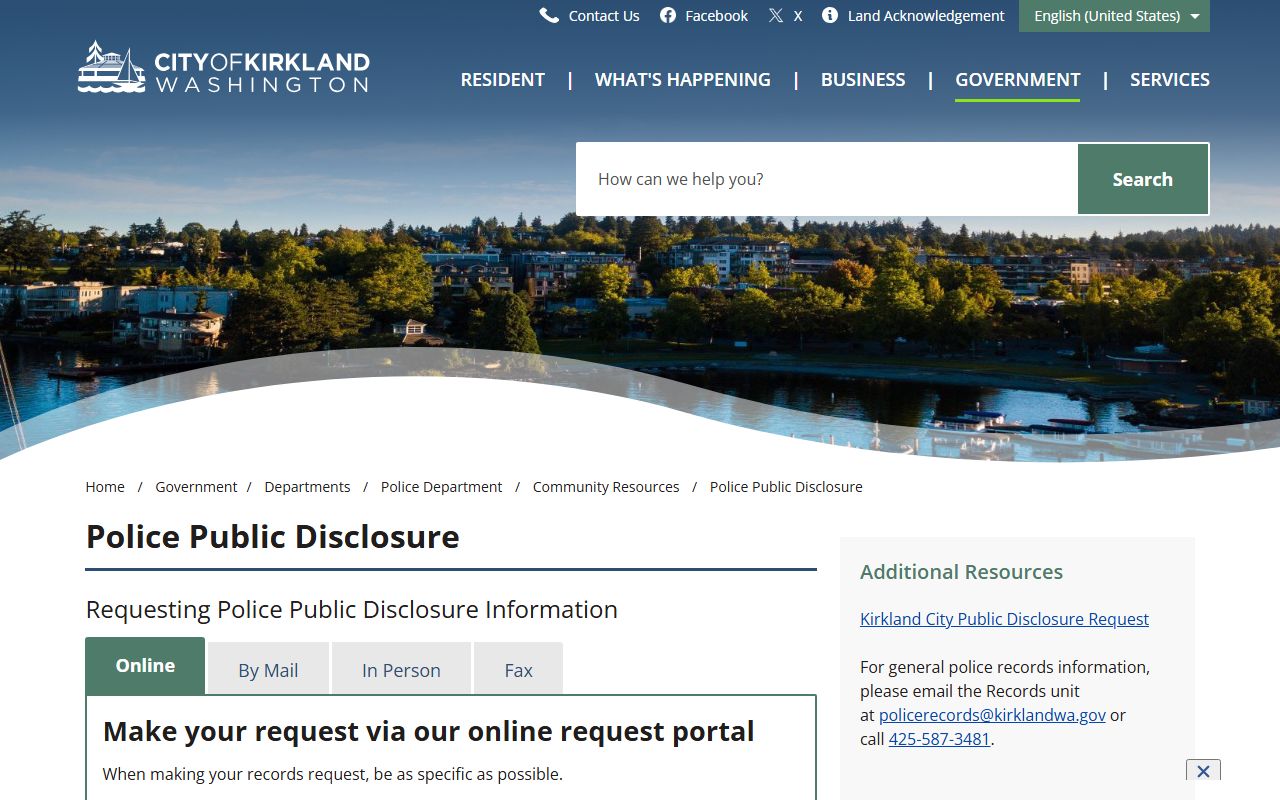 Kirkland Police Public Disclosure page booking reports