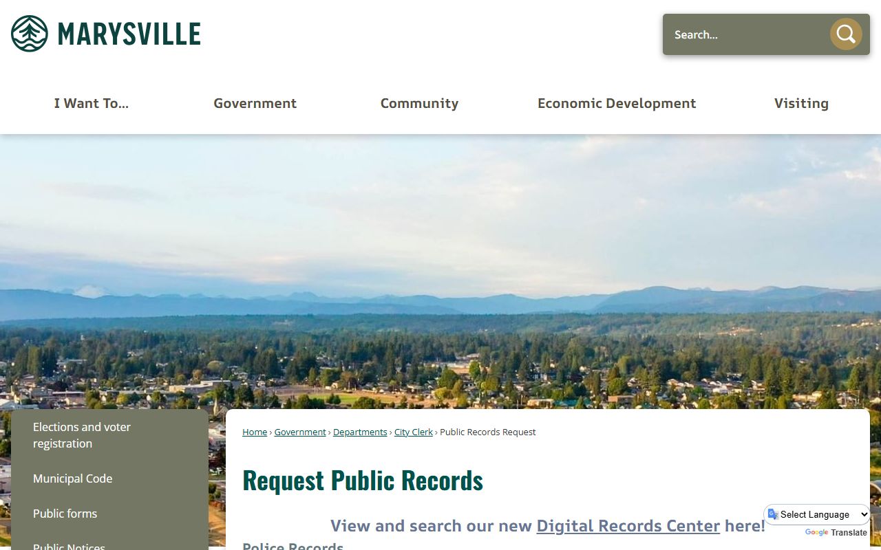Marysville Public Records Request page booking reports