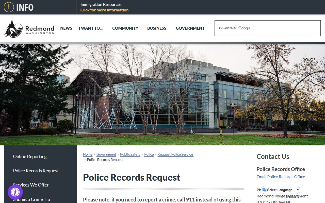 Redmond booking reports Redmond Police records request page