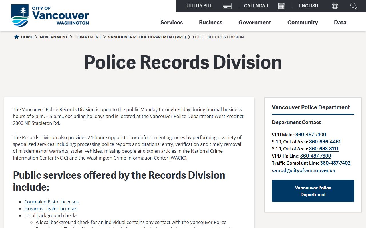 Vancouver Police Records page for booking reports