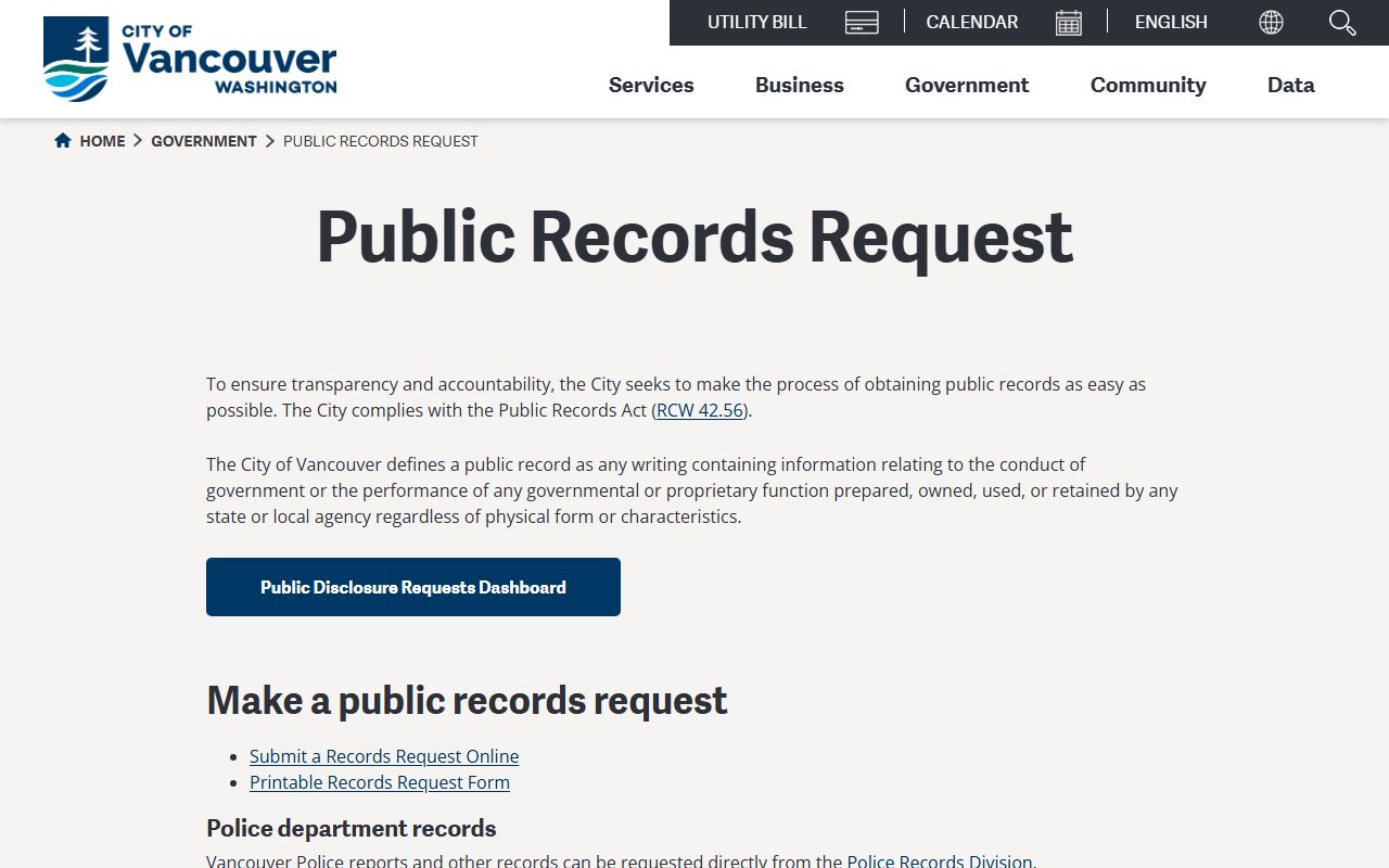 Vancouver Public Records request portal for booking reports