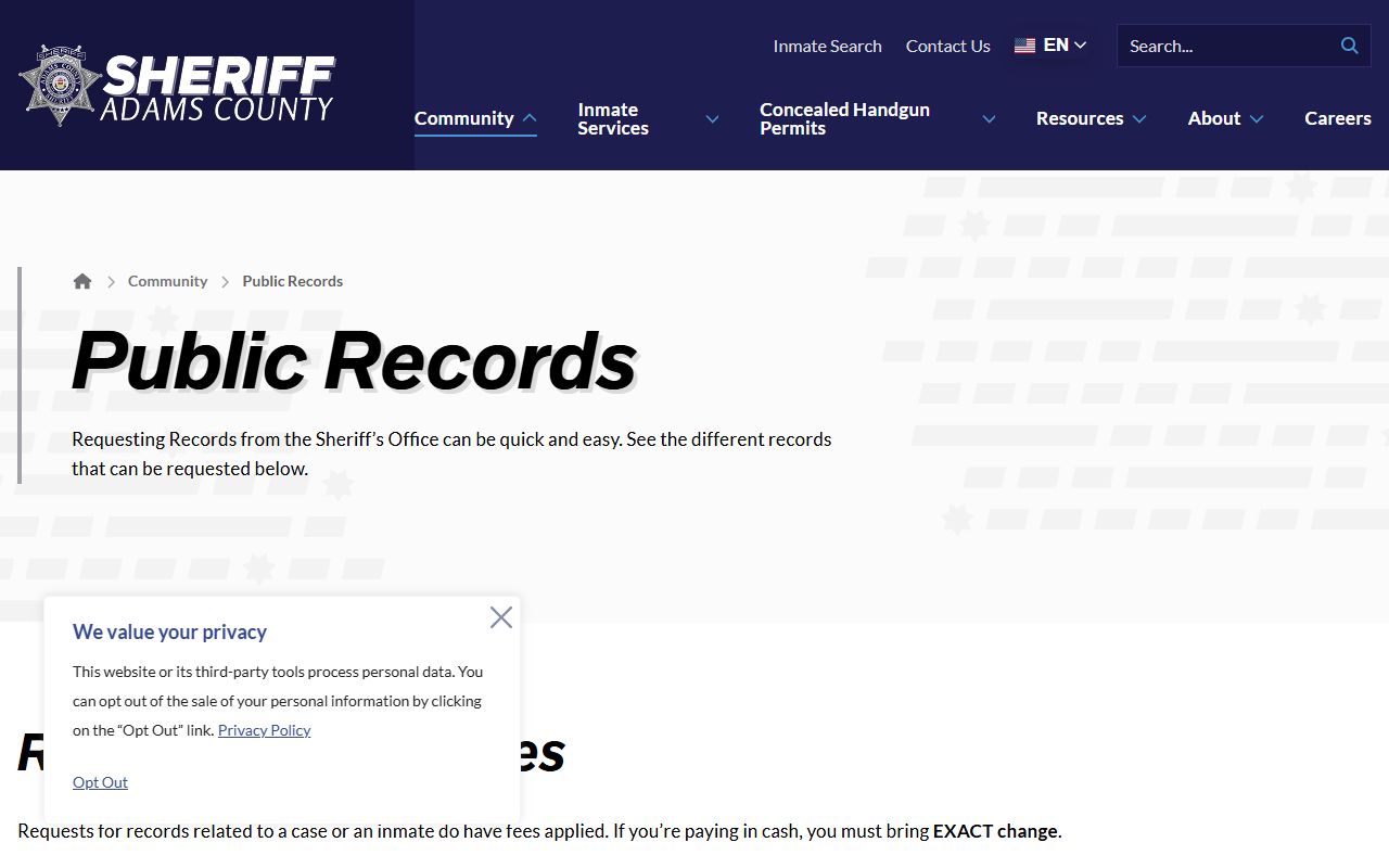 Adams County booking reports public records request page