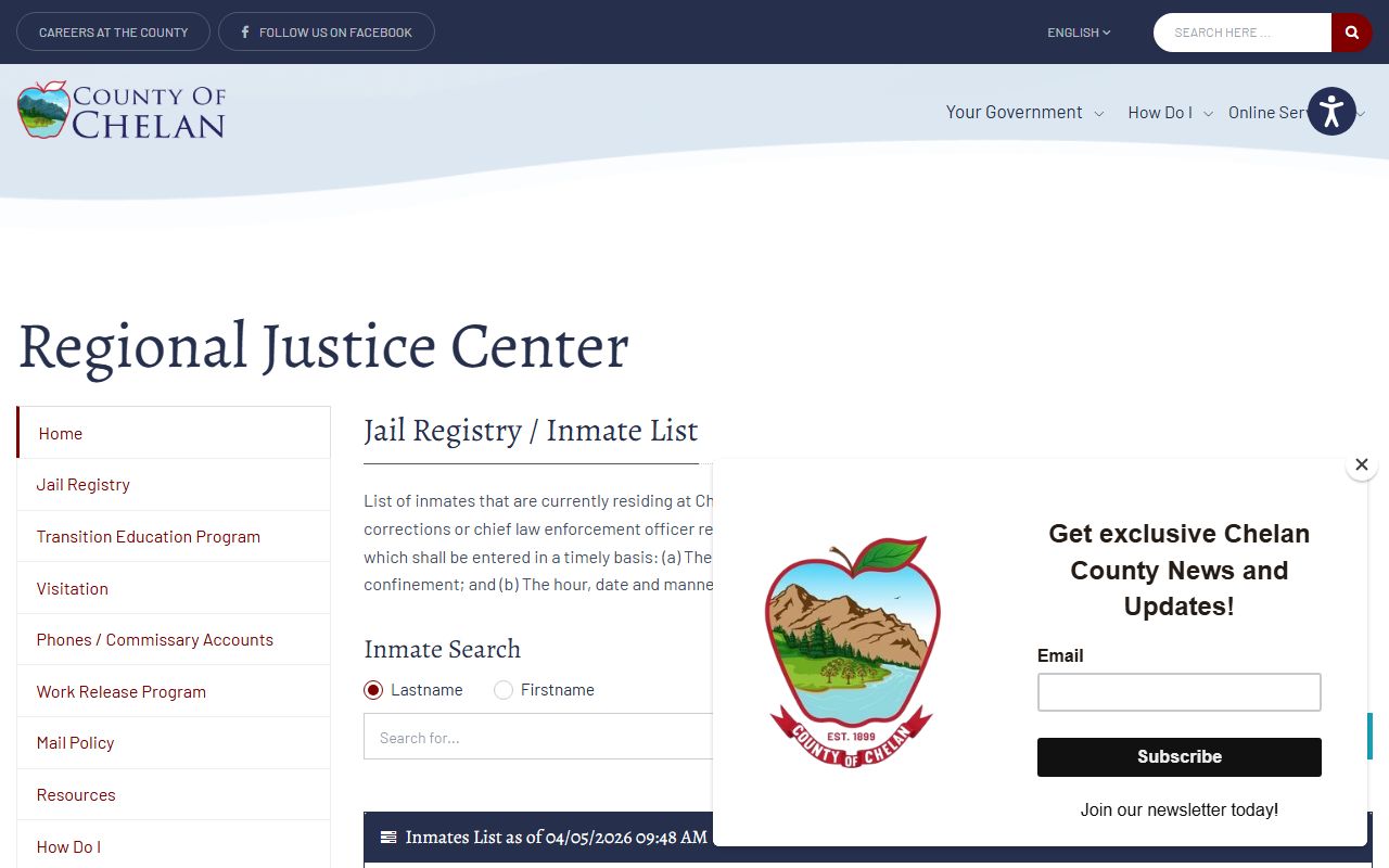 Chelan County inmate list page used for Wenatchee booking reports