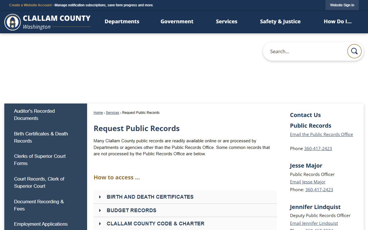 Clallam County public records request page for booking records