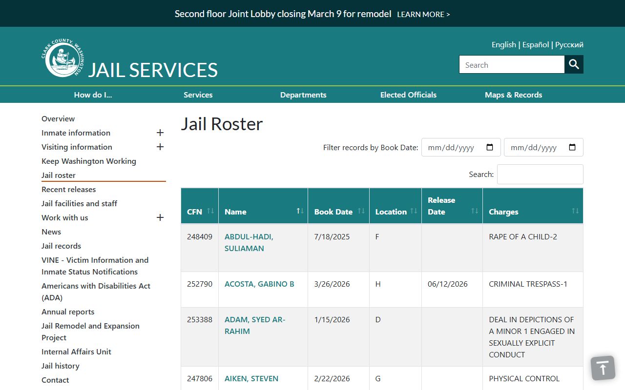 Clark County jail roster booking search