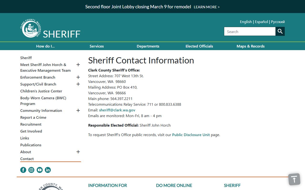 Clark County Sheriff contact information for booking records