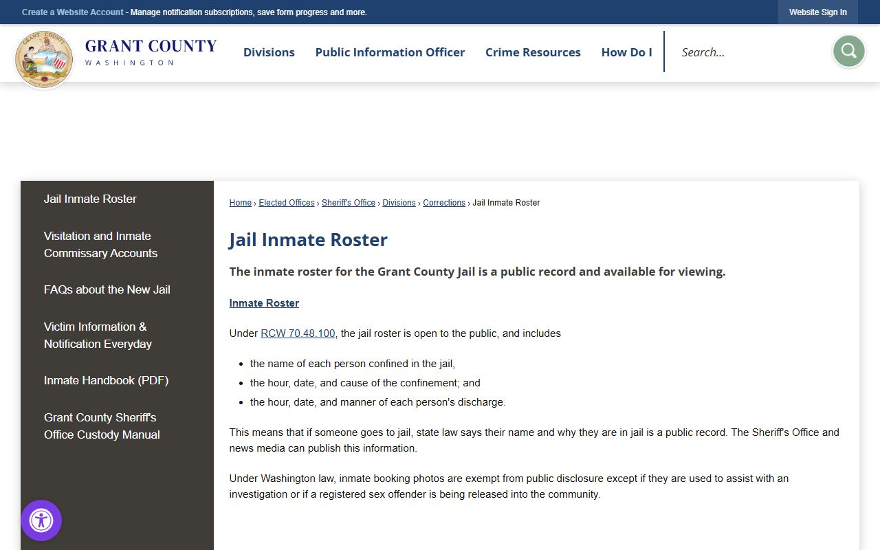 Grant County booking records jail roster page