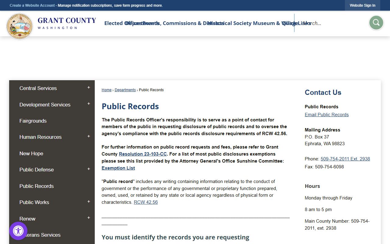 Grant County booking records public records page