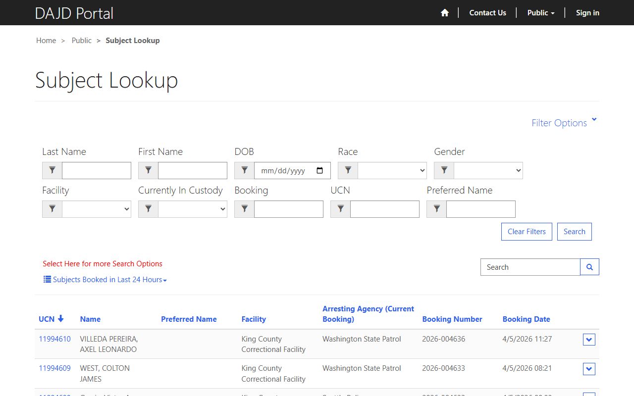 King County jail subject lookup booking reports