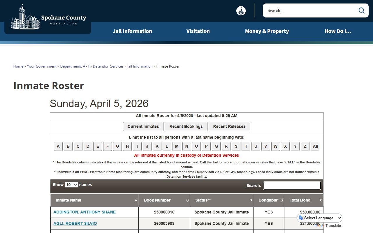 Spokane County inmate roster for Spokane Valley booking reports