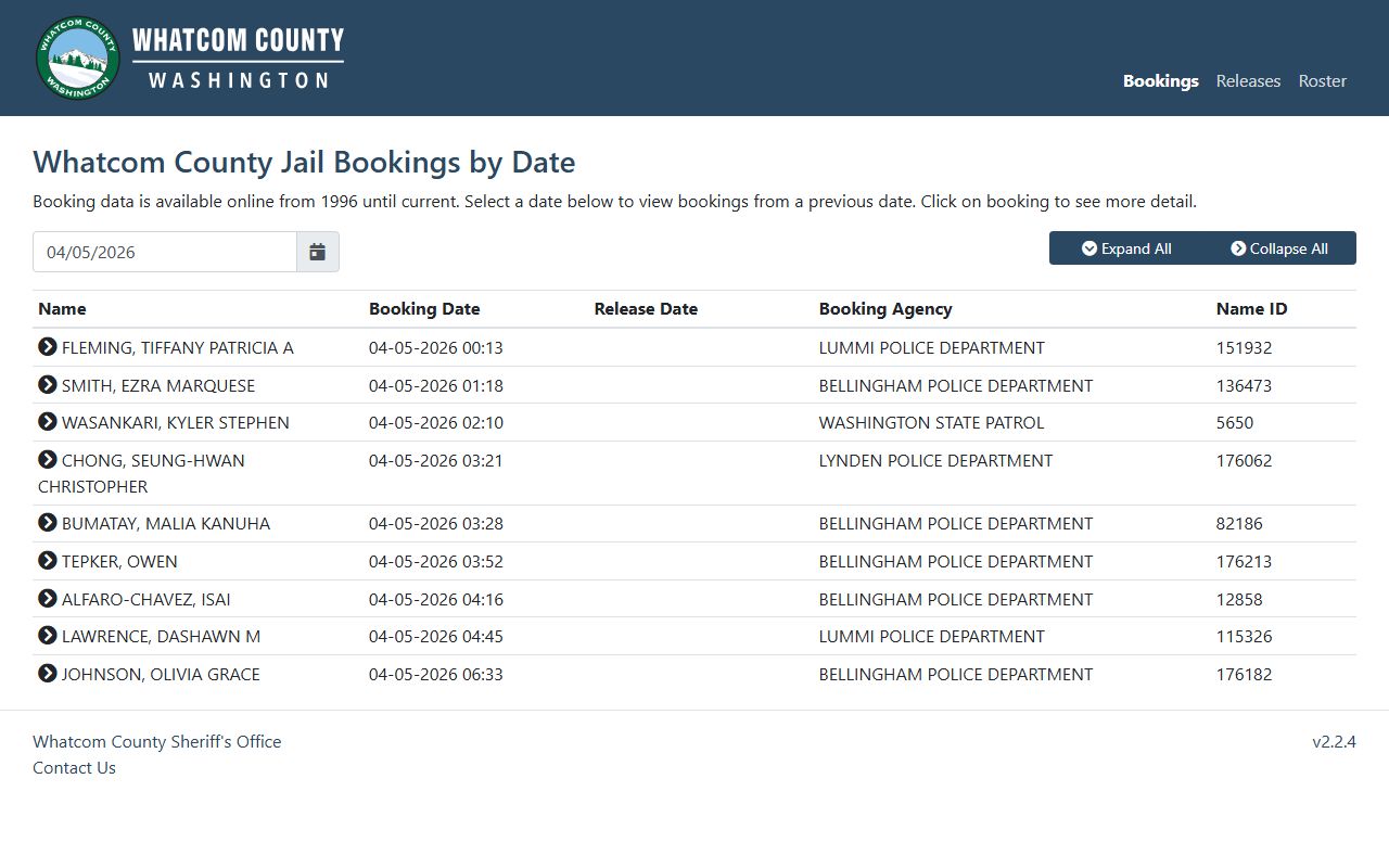 Whatcom County booking reports daily bookings