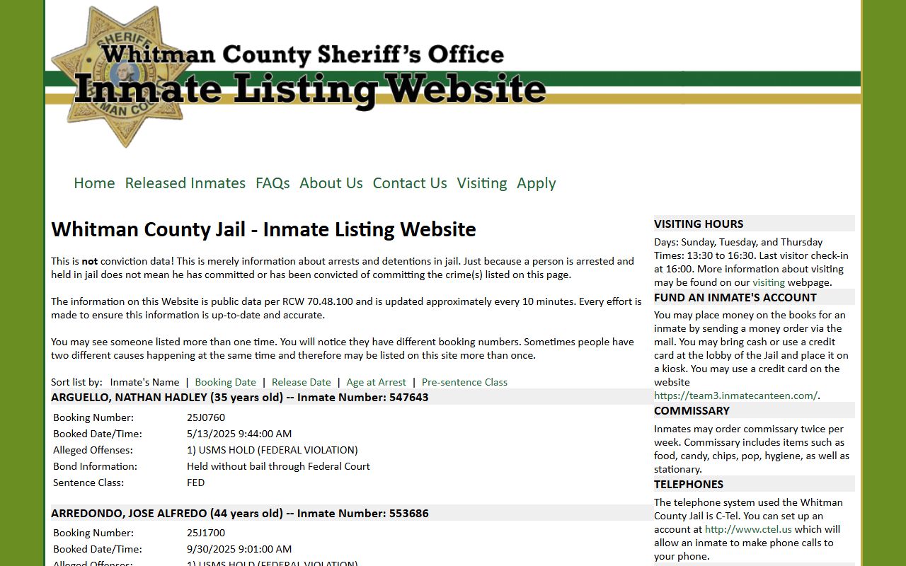 Whitman County booking reports jail website