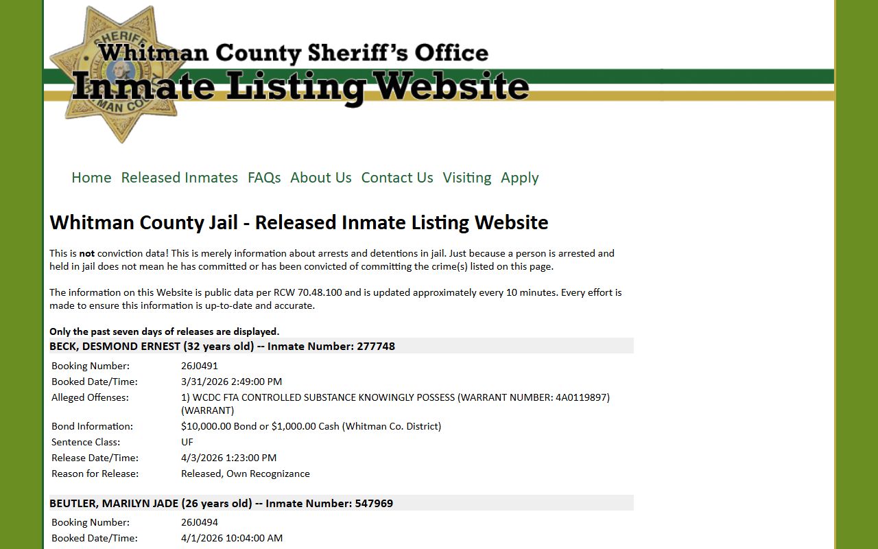 Whitman County booking reports jail archive
