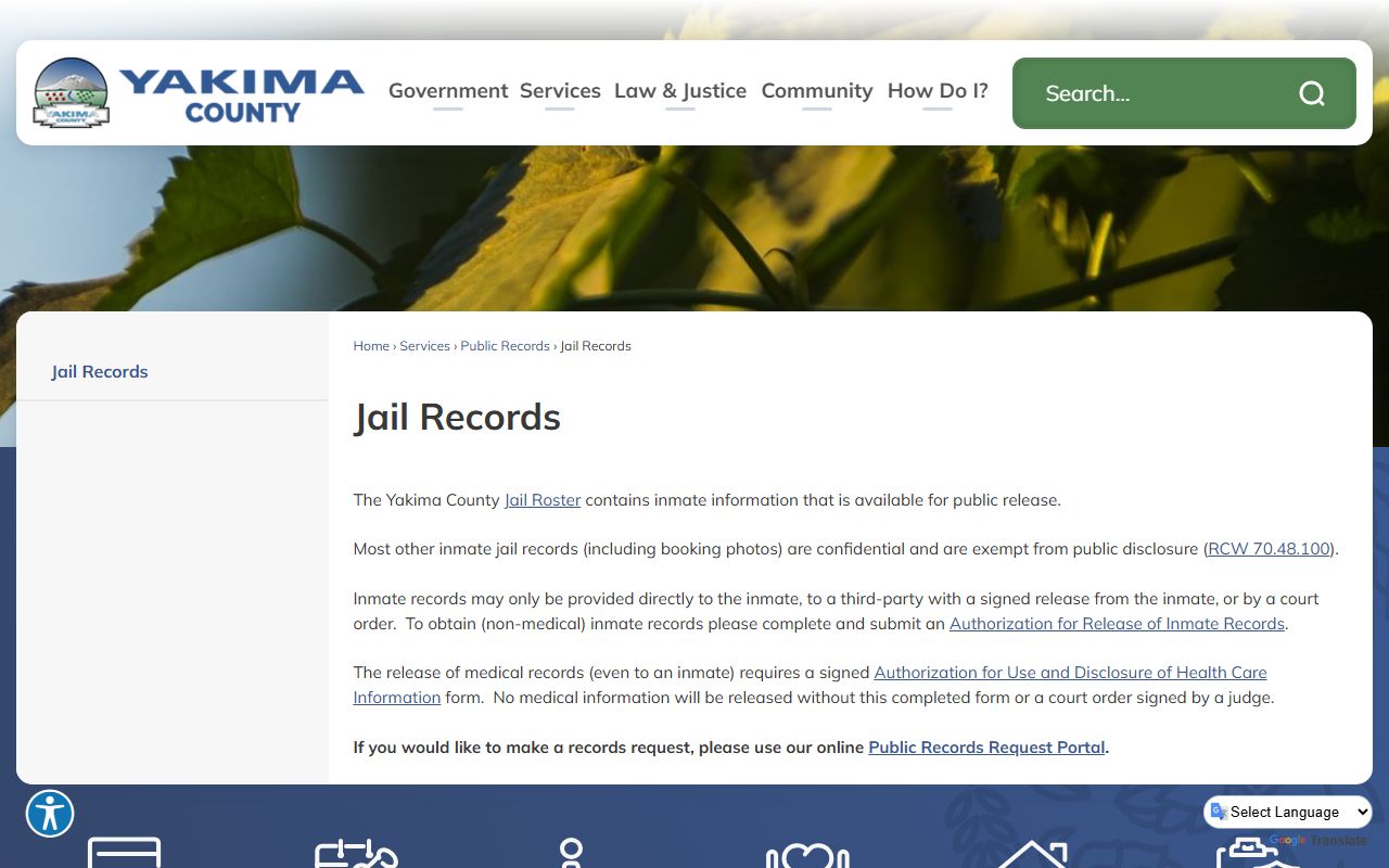 Yakima County jail records page for Yakima booking reports
