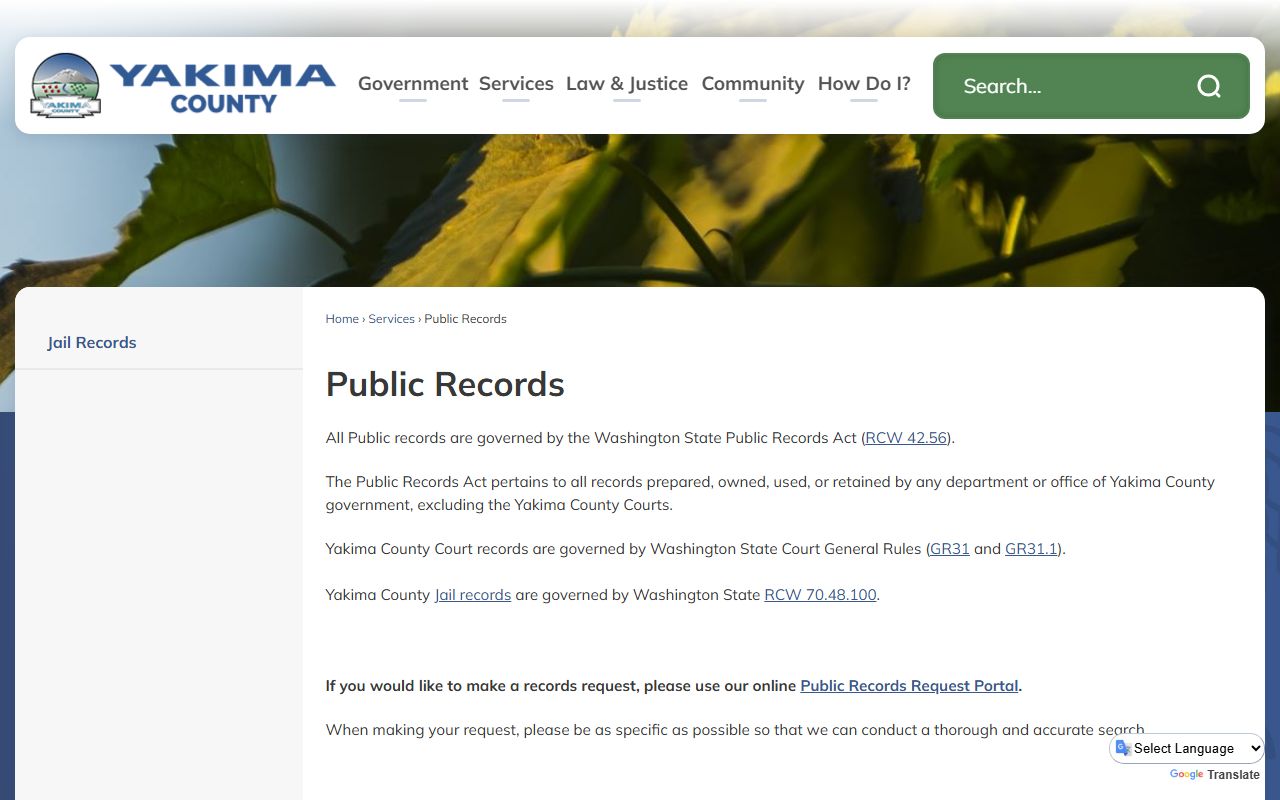 Yakima County public records request page for Yakima booking reports
