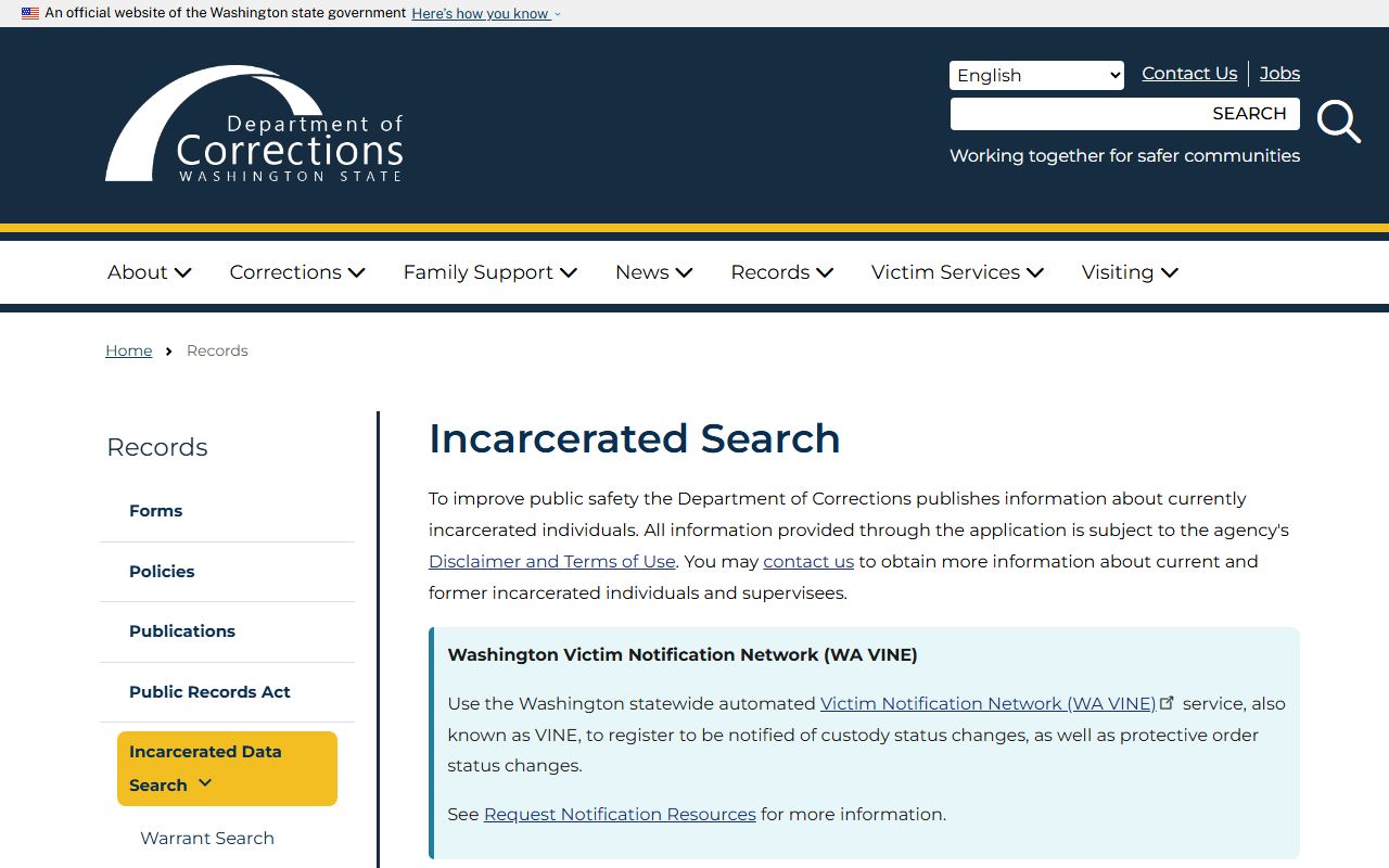 Washington DOC inmate search for booking records