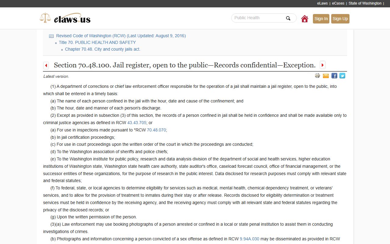 Washington jail register law RCW 70.48.100 booking records