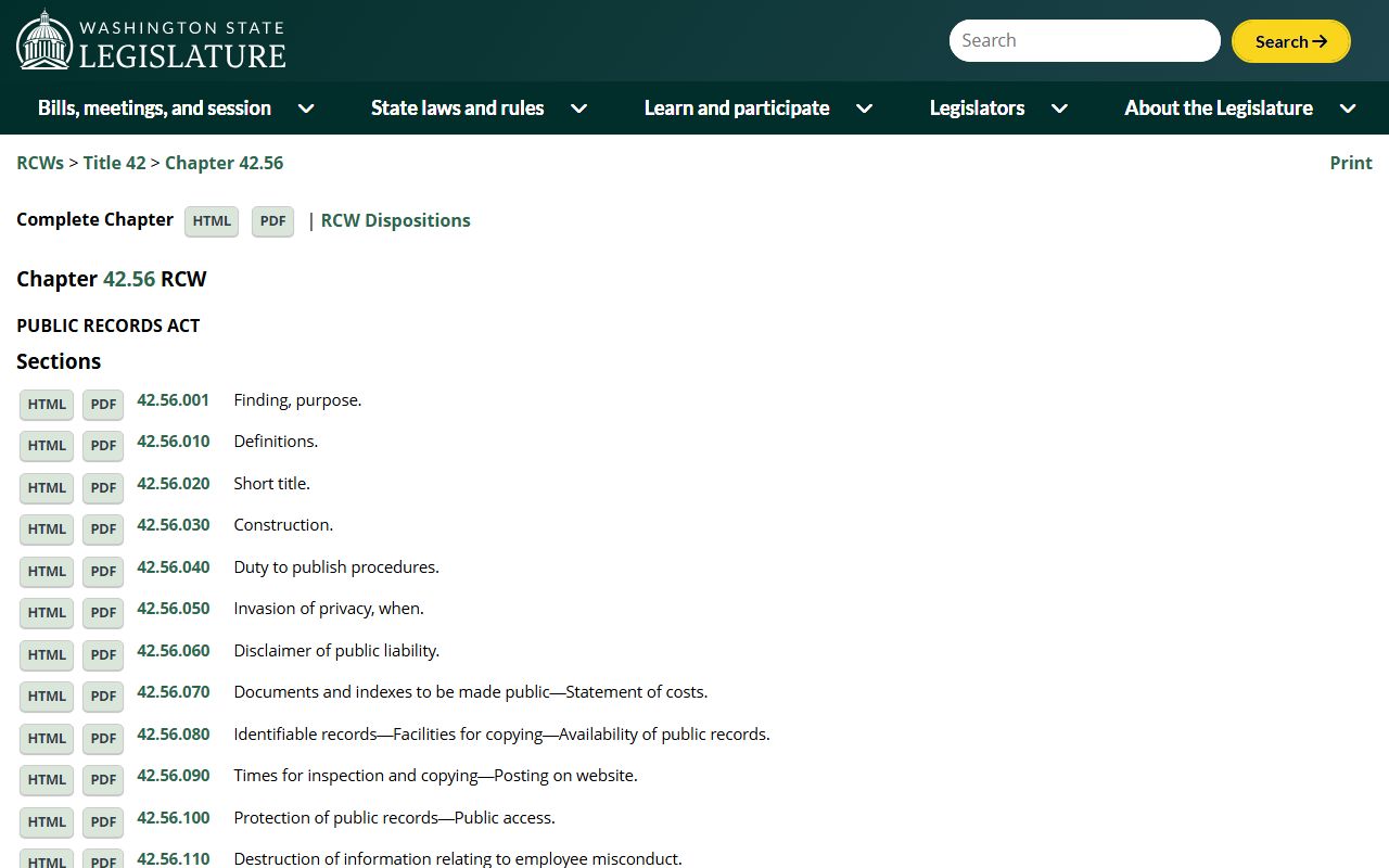Washington Public Records Act RCW 42.56 booking records